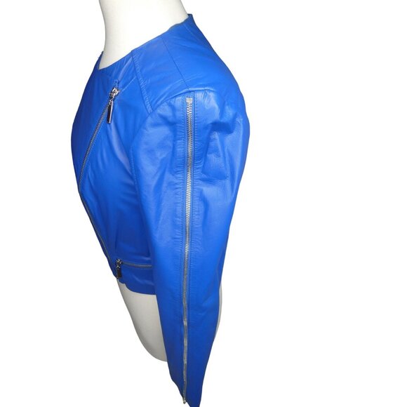 Bebe‎ Bright Blue Biker Zip Up Sleeves Leather Jacket Women's M - Picture 2 of 8